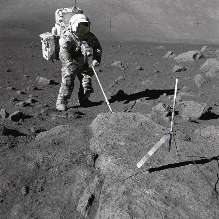 Harrison Schmitt collects lunar samples from the surface of the Moon during Apollo 17. Credit: NASA