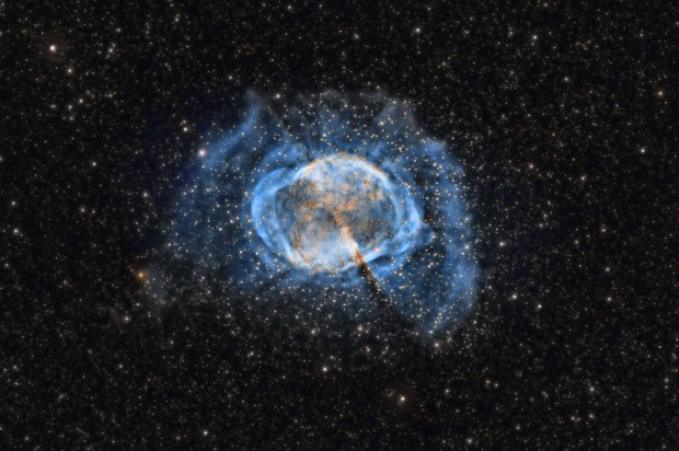 The Dumbbell Nebula (M27) is a planetary nebula roughly 1,270 light-years distant in Vulepecula. This image captures the knotty outflows within the familiar dumbbell shape, and how the object’s overall structure is formed by the precession of the central white dwarf’s rotation. Credit: Patrick Cosgrove
