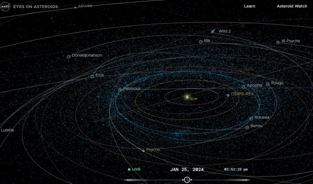 A screenshot from NASA's Eyes on Asteroids site showing a number of asteroids.