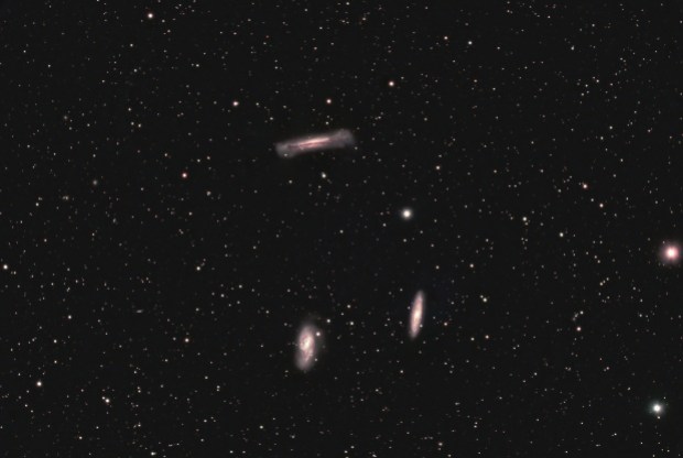 The Leo Triplet comprises NGC 3628 (top) and M66 and M65 (bottom, left and right respectively). This image was captured with a ZWO ASI294MC Pro on a Takahashi FSQ-106N over 13 hours and 35 minutes of exposure. 