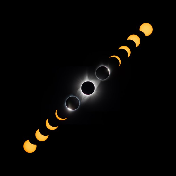 The phases of the Aug. 21, 2017, eclipse play out in this sequence of photographs, including the appearance of Baily’s beads and the solar corona at totality. 