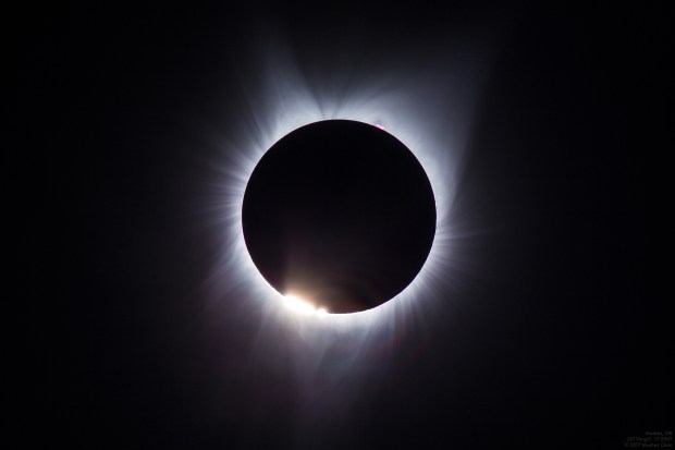 The last of Baily’s beads dissolve into a diamond ring in this image of the 2017 eclipse. 