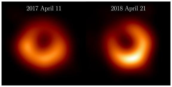 A side-by-image of the "shadows" carved out of background light by a black hole.