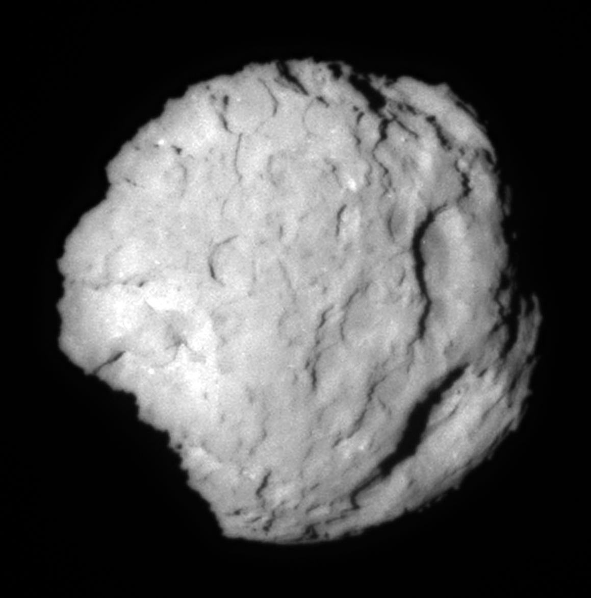 This image shows the comet Wild 2, which NASA's Stardust spacecraft flew by on Jan. 2, 2004. This image is the closest short exposure of the comet, taken at an 11.4-degree phase angle, the angle between the camera, comet and the Sun. Credit: NASA.