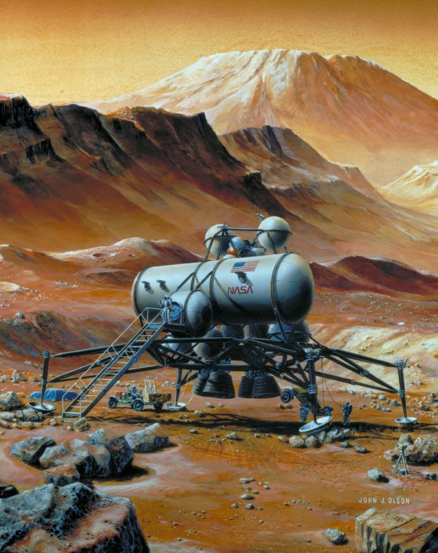 Artist John J. Olson's conception for the future of space exploration: A base on Mars. Credit: NASA
