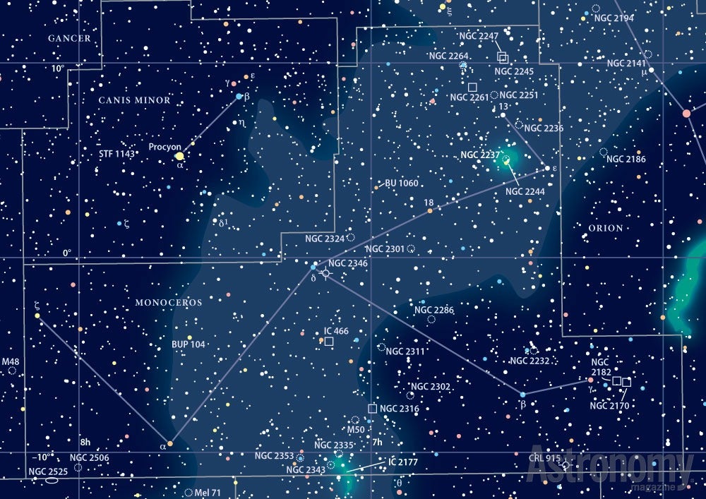 Two of the three objects this week — open cluster M50 and the Rosette Nebula (NGC 2237–9/46) — lie within the confines of the constellation Monoceros the Unicorn. Credit: Roen Kelly