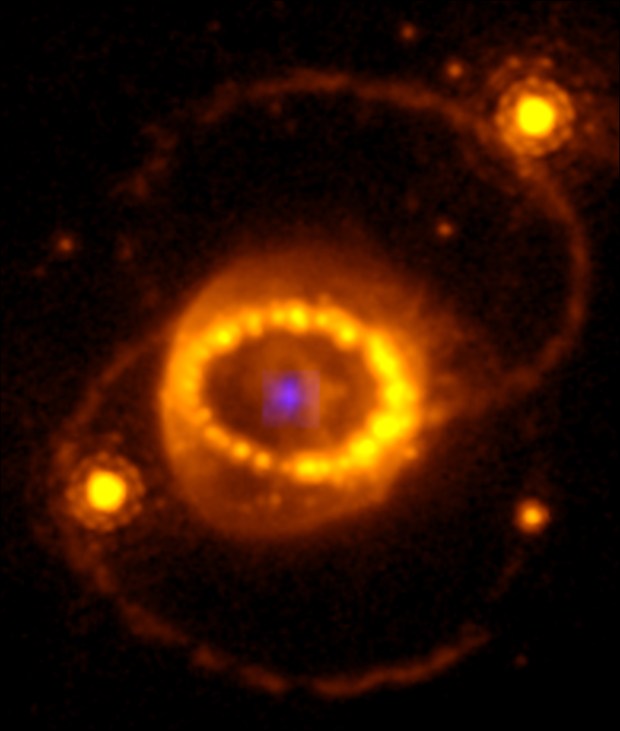 Supernova 1987A, imaged by the Hubble and JWST. The faint blue source in the centre is the emission detected with the JWST/NIRSpec instrument. The bright stars to the left and right of the inner ring are unrelated to the supernova. Credit: Hubble Space Telescope WFPC-3/James Webb Space Telescope NIRSpec/J. Larsson