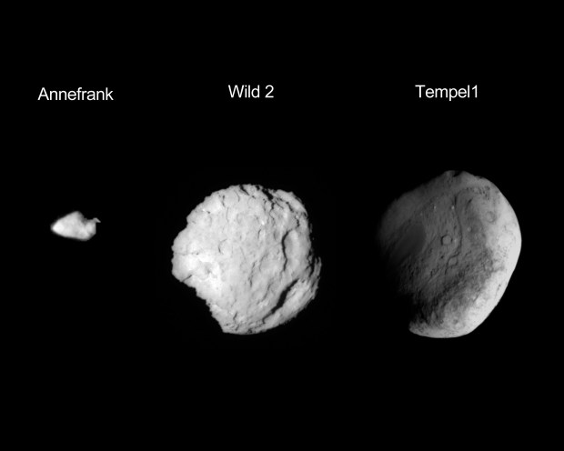 This composite image shows the three small worlds NASA Stardust spacecraft encountered during its 12 year mission. Stardust performed a flyby of asteroid Annefrank in 2002, Comet Wild in 2004, and Tempel 1 in 2011. Credit: NASA.