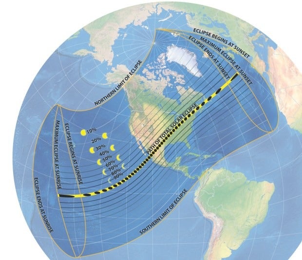 This map shows the extent of the Moon’s outer shadow (penumbra) and inner shadow (umbra), where totality is seen. The black ovals depict the Moon’s shadow at five-minute intervals. Credit: Michael Zeiler
