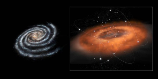 Illustration of a galaxy and its supermassive black hole