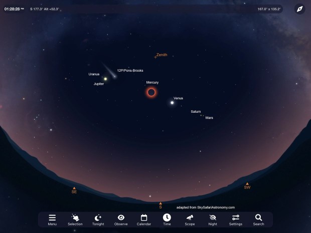 Amateur astronomer Dave Weixelman used SkySafari to create this simulated view looking south from southern Texas during totality on April 8. 2024. The image also shows the predicted orientation of Comet Pons-Brooks’ tail, at an angle of 68° from celestial north. Dave Weixelman (highsierraimaging.com)