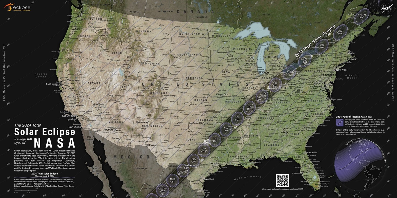 NASA's map of the 2024 total solar eclipse path of totality.