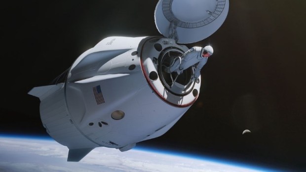 An artists' conception of a spacewalk by the Polaris Dawn crew.