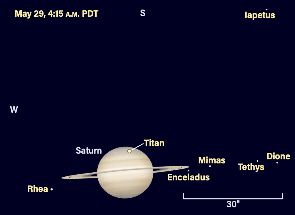 Saturn and moons on May 29, 2024, 4:15 AM PDT