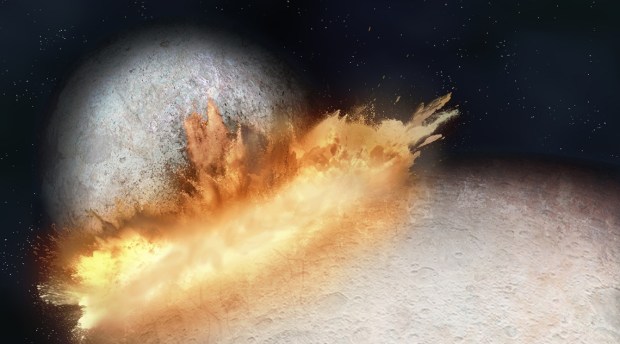 Pluto's heart may have formed when a planetary body the size of Arizona collided with the dwarf planet, which is illustrated in this artist's conception.