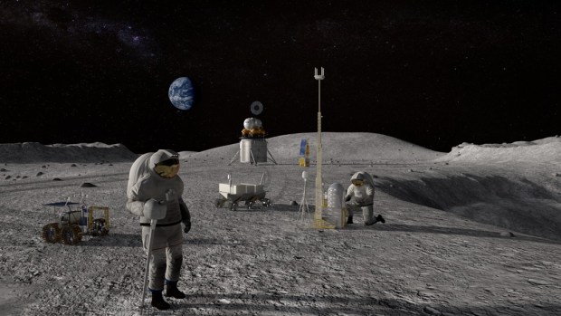 An artist's view of astronauts at work on the moon.