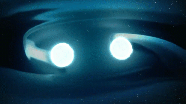 Doomed neutron stars whirl toward their demise in this animation. Credit: NASA.