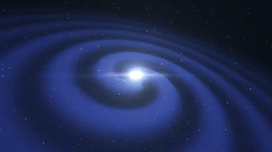 This artist’s impression video shows how two tiny but very dense neutron stars merge and explode as a kilonova. Credit: European Southern Observatory (ESO).