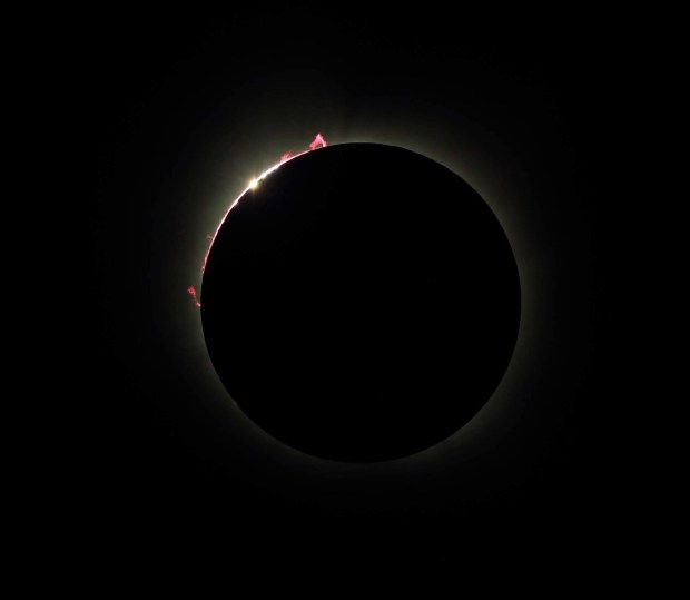 Astronomy Magazine Contributing Editor Martin Ratcliffe captured the chromosphere and prominences during totality Credit: Martin Ratfliffe.