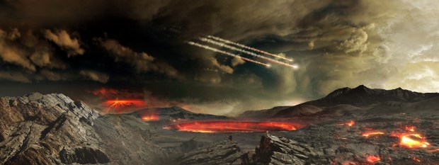 An artist's conception of the young Earth being bombarded by asteroids. Scientists think these impacts could have delivered significant amounts of organic matter and water to Earth. Credit: NASA.