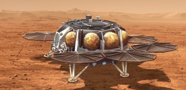 Representación artística de cómo sería un módulo de aterrizaje para recuperar una muestra de Marte.  Crédito: JPL/NASA.
