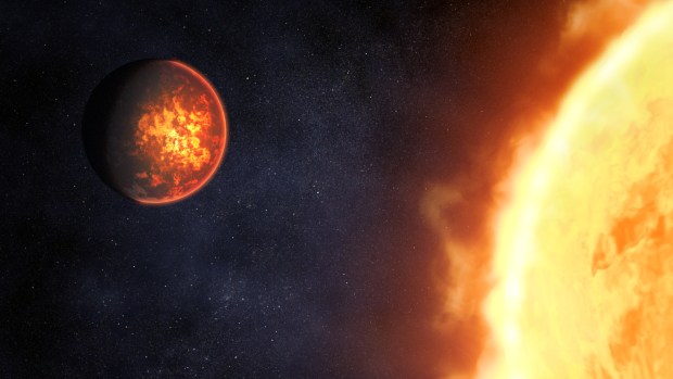 This is a color illustration of what exoplanet 55 Cancri e might look like. A rocky planet on the left and a portion of a much-larger star on the right. About three-quarters of the lit side of the planet is visible; the other quarter is in shadow. The surface of the planet has gray, orange, and yellow mottling. Most of the orange and yellow is in the region that is facing the star directly. The grayer portions are toward the poles and shadowed side of the planet. The edge of the disc of the planet appears to be glowing, suggesting a thin atmosphere. The star is bright orange-yellow, with a turbulent appearance similar to the Sun."