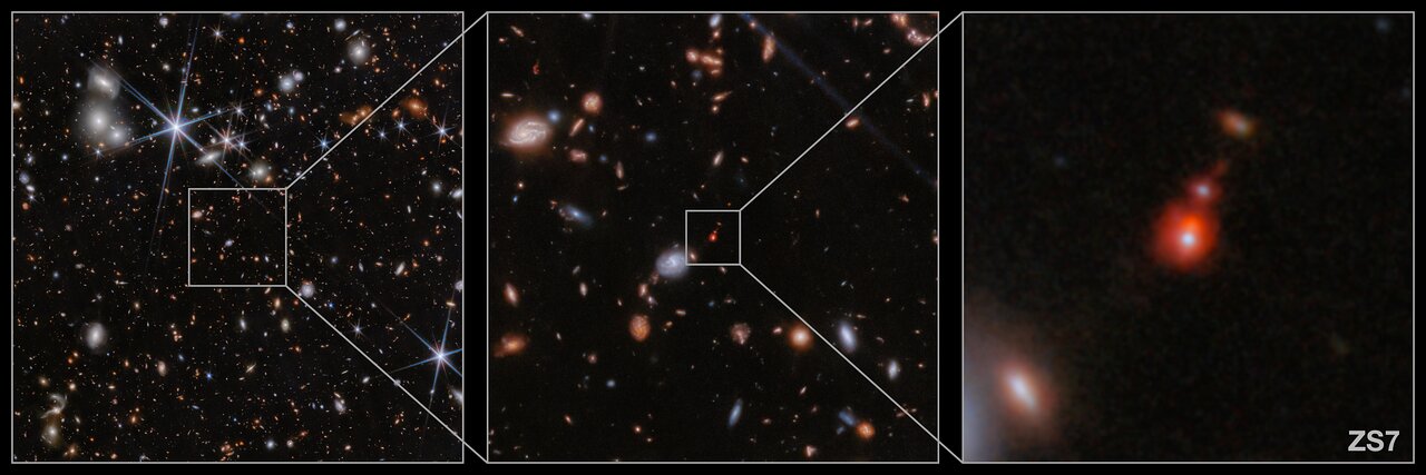 Evidence of black holes merging are seen in three frames from the James Webb Space Telescope.