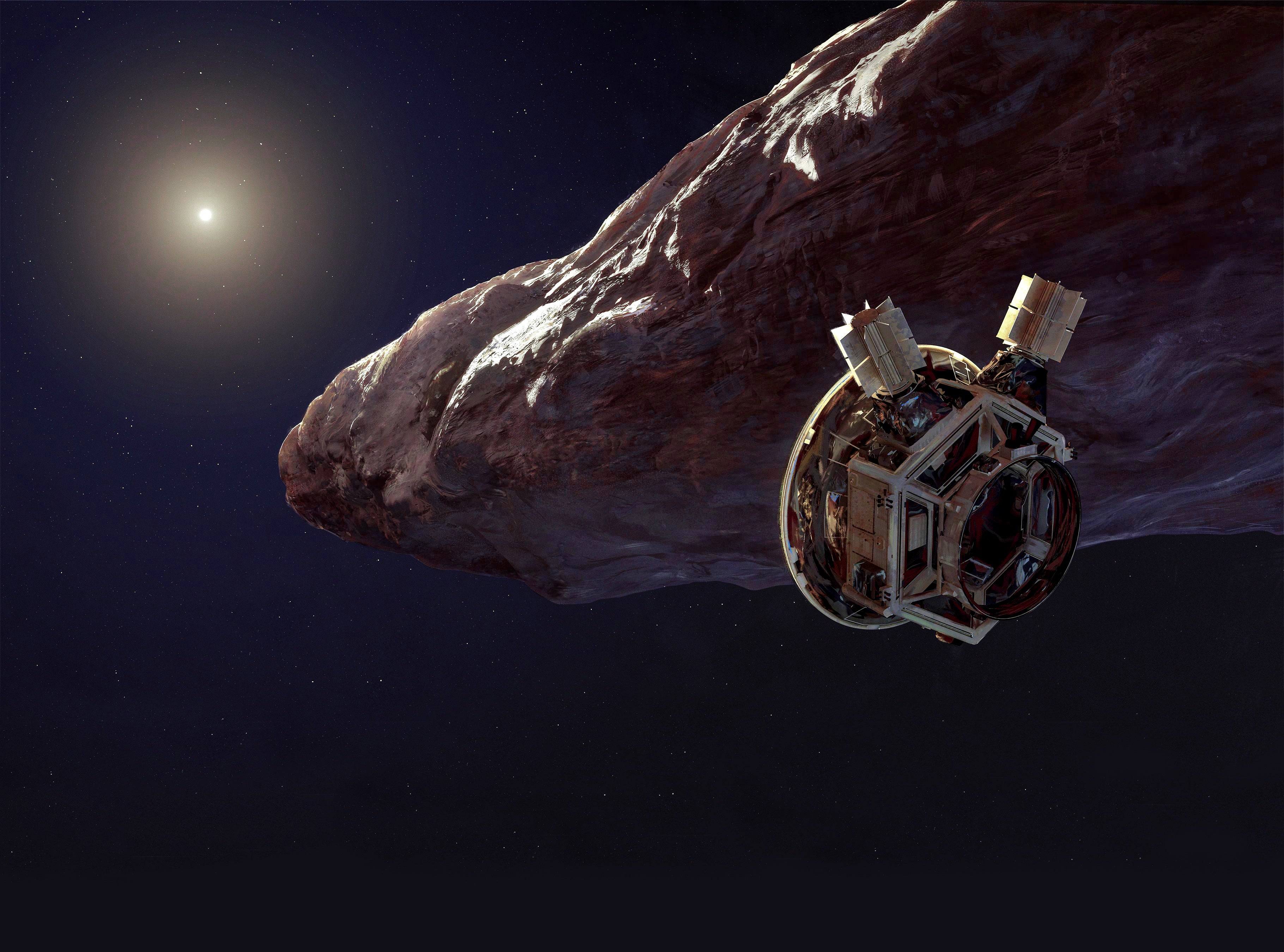 Now far from the Sun in the outer solar system, the strange interstellar object known as ‘Oumuamua is depicted here as it’s approached by a questing spacecraft. Project Lyra is hoping to launch such a craft to explore our first known visitor from another solar system and provide the detailed study scientists desperately seek.