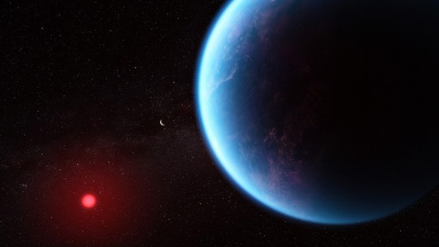 This artist’s concept shows what exoplanet K2-18b could look like based on science data. Credit: NASA, CSA, ESA, J. Olmsted (STScI), Science: N. Madhusudhan (Cambridge University).