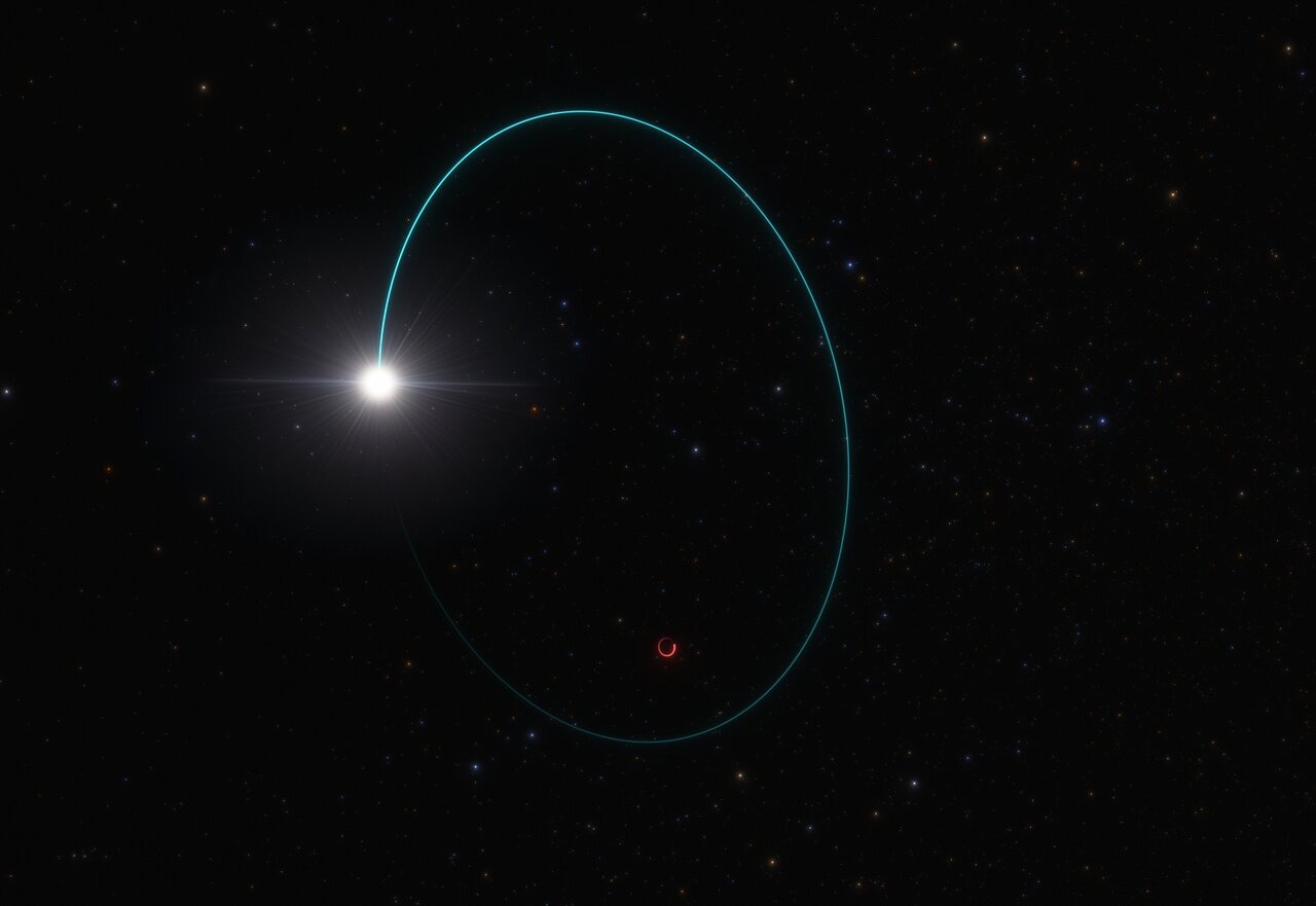 An illustration of the black hole, which shows the orbits of both the star (in blue) and the black hole (in red), dubbed Gaia BH3, around their common centre of mass. This wobbling was measured over several years with the European Space Agency’s Gaia missionCredit: ESO/L. Calçada/Space Engine (spaceengine.org)