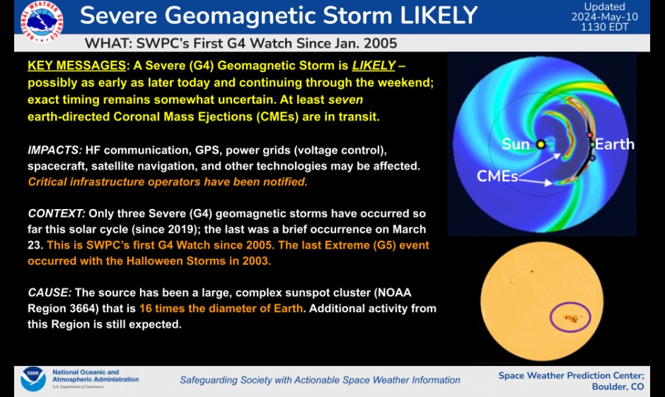 A graphic from the NOAA, which shows the geomagnetic storm forecast. It means the northern lights may be seen across a wide part of the continental United States.