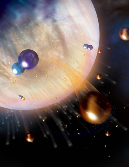 An illustration of Venus losing its water shows how an HCO+ ion recombines with an electron, producing speedy H atoms (orange) that use CO molecules (blue) as a launchpad to escape.